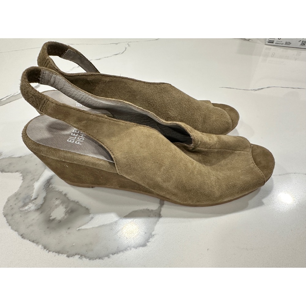 Eileen Fisher Suede Slingback Wedge Sandals Olive Open Toe Women Size 6